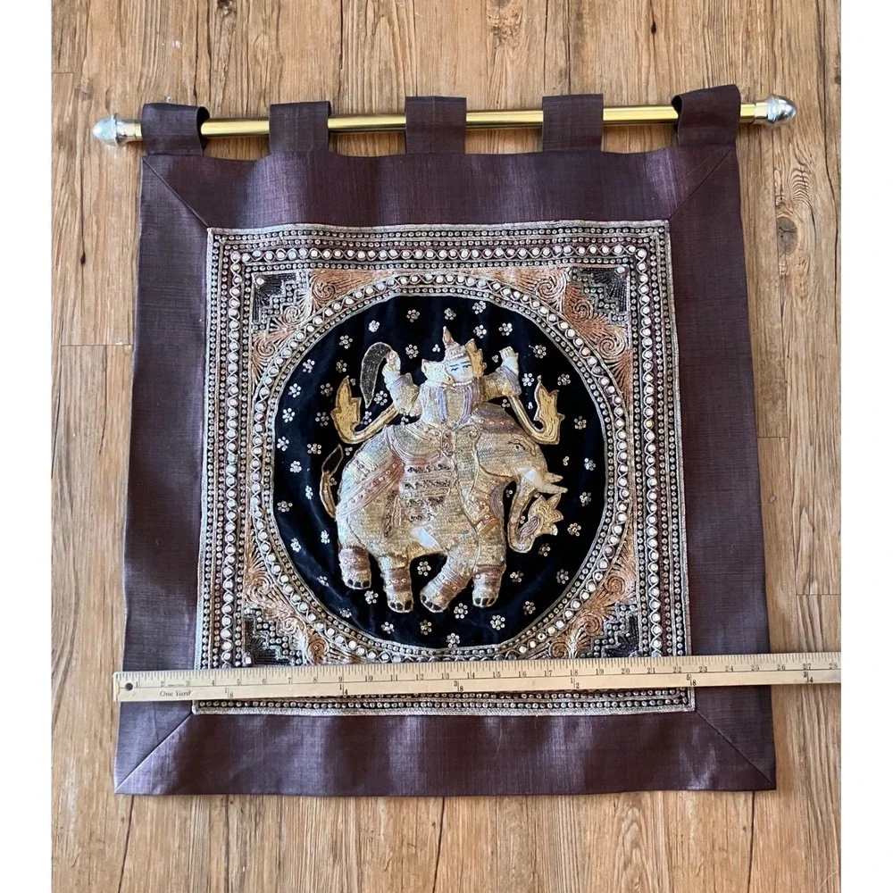Vintage Kalaga Elephant Wall Hanging Tapestry Brown Gold Embroidered Art